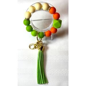 Silicone Beaded Wristlet Keychain in Orange, Green & Yellow with 3” Tassel